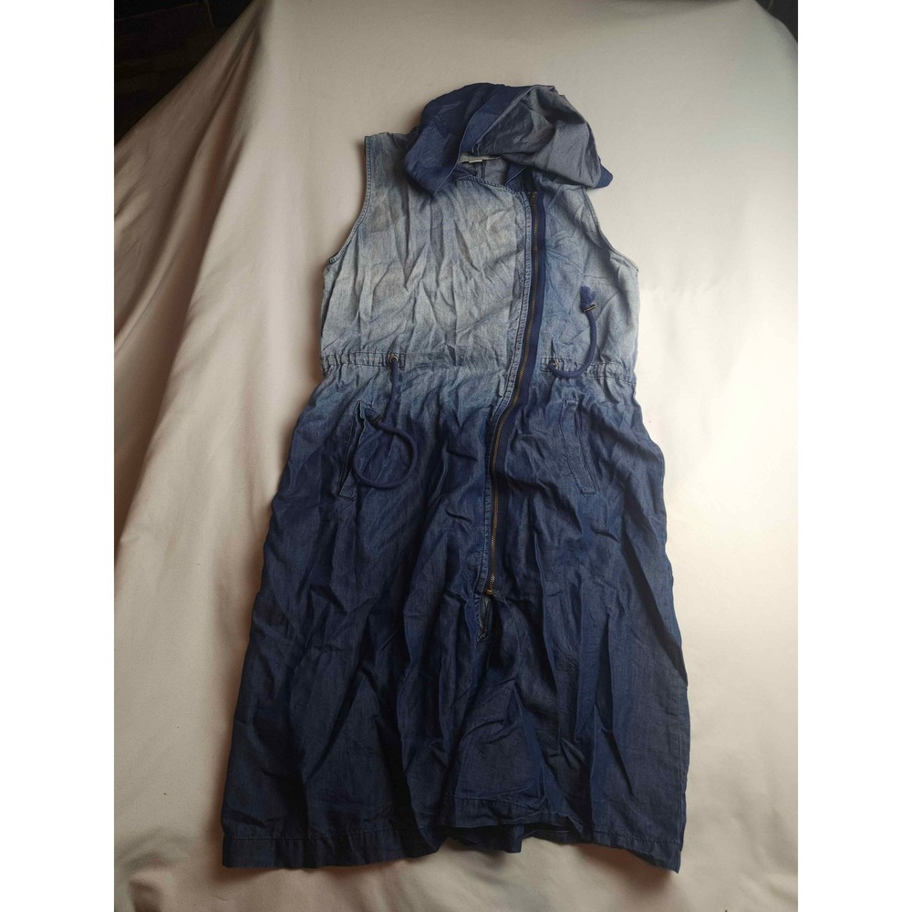 Paper Crane Blue Ombre Denim Hooded Maxi Dress Sleeveless Zip Front Small